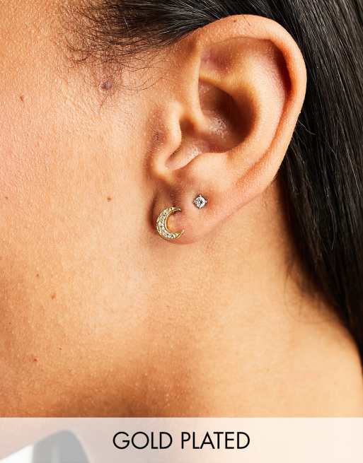 Seol + Gold - Boucles d'oreilles croissants de lune en vermeil plaqué or 18 carats avec zircon cubique pavé 