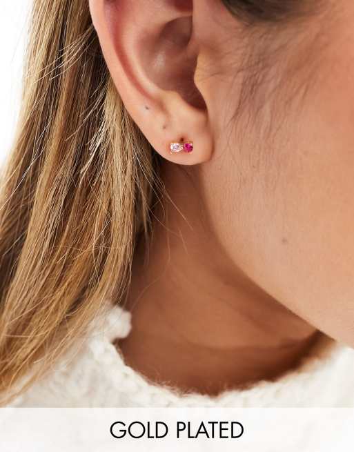 Seol + Gold - Orecchini a bottone placcati in oro 18 ct con zirconia cubica rosa e rossa 