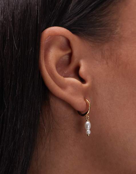 Seol + Gold pearl drop hoop earrings in 18ct gold vermeil - view 1