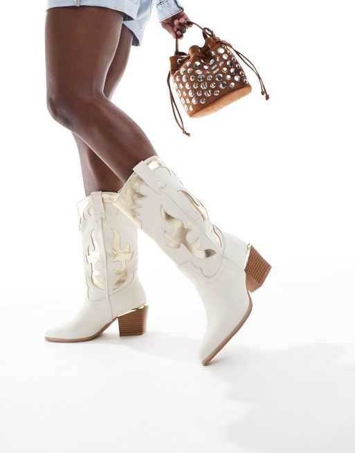 SEQWL ACURA gold embelleshed western boot in beige suedette