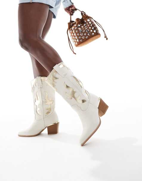 SEQWL ACURA gold embellished Western boot in beige suedette - view 1