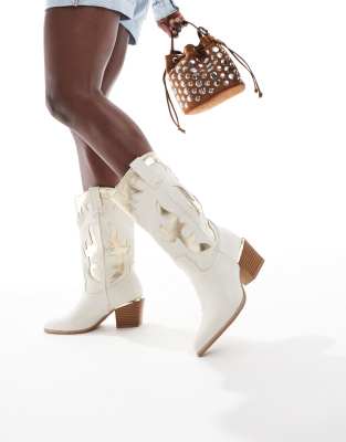 ACURA gold embellished western boots in beige suedette-Neutral