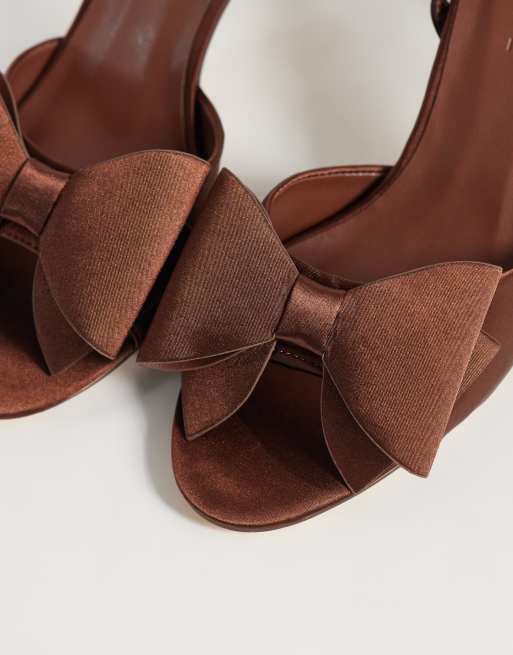 SEQWL Bell satin bow heeled sandals in burgundy, 3 of 4