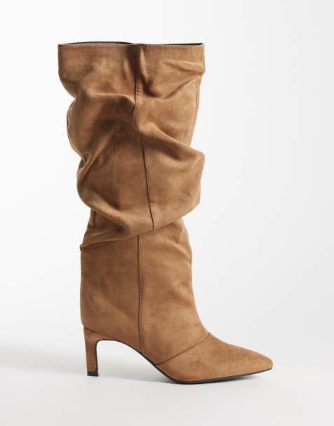 SEQWL Benz boots i mockaimitation med slouchy skaft till knät och taxklack i taupe - view 1
