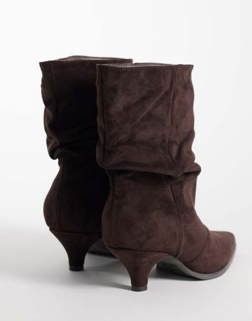 SEQWL Benz faux suede kitten heel slouchy ankle boots in chocolate brown, 3 of 4
