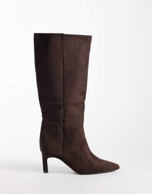Seqwl Benz Faux Suede Knee High Kitten Heel Boots In Brown