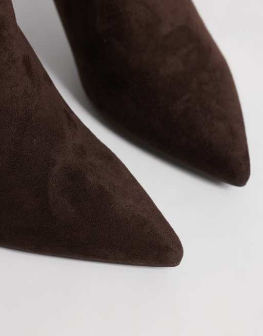 SEQWL Benz faux suede knee high kitten heel boots in chocolate brown, 3 of 4