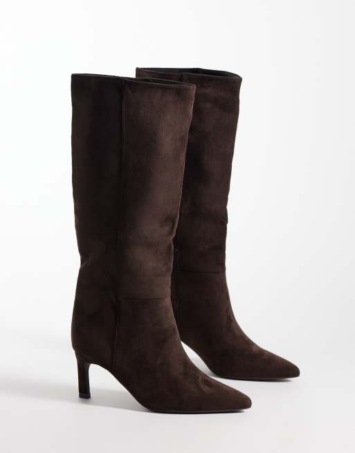 SEQWL Benz faux suede knee high kitten heel boots in chocolate brown, 4 of 4