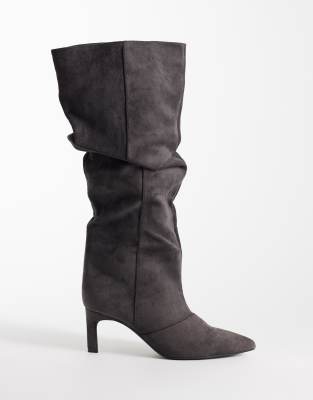 Seqwl Benz Faux Suede Slouchy Knee High Kitten Heel Boots In Gray