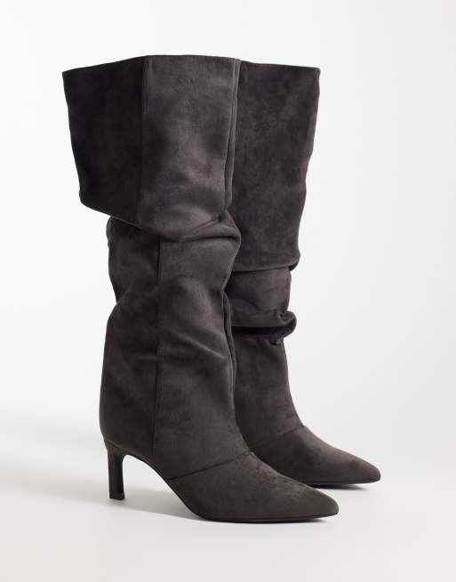 SEQWL Benz faux suede slouchy knee high kitten heel boots in dark gray, 3 of 4