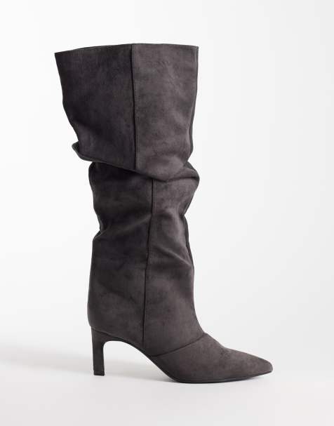 SEQWL Benz faux suede slouchy knee high kitten heel boots in dark grey - view 1