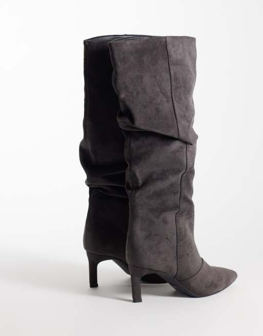 SEQWL Benz faux suede slouchy knee high kitten heel boots in dark grey, 2 of 4