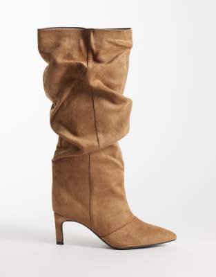 Seqwl Benz Faux Suede Slouchy Knee High Kitten Heel Boots In Neutral