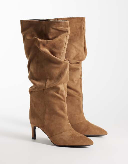 SEQWL Benz faux suede slouchy knee high kitten heel boots in taupe, 2 of 4