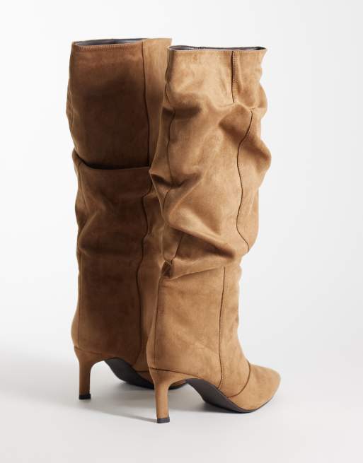 SEQWL Benz faux suede slouchy knee high kitten heel boots in taupe, 4 of 4