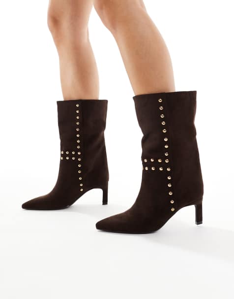 SEQWL Benz kitten heel studded ankle boots in chocolate - view 1