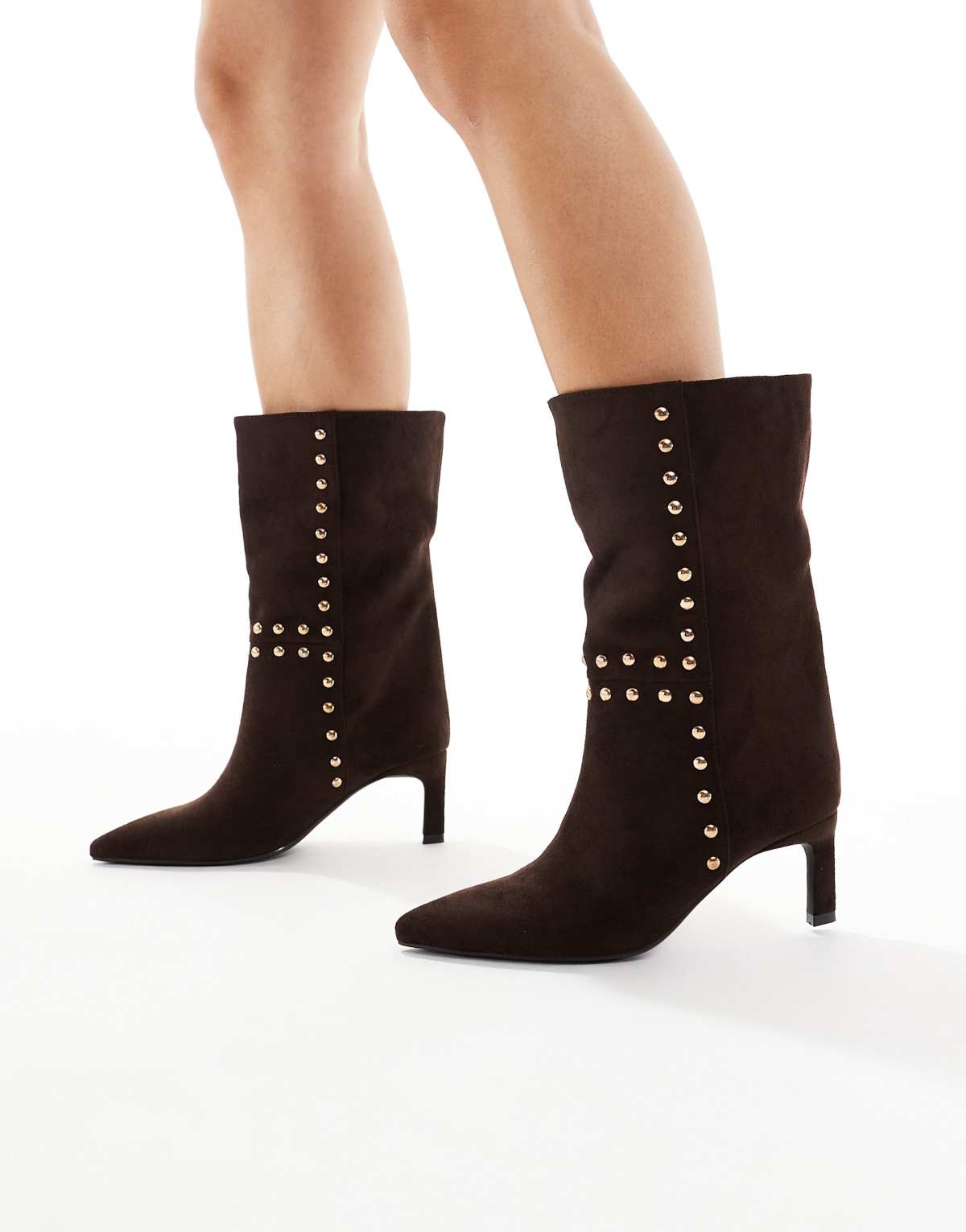 SEQWL Benz kitten heel studded ankle boots in chocolate