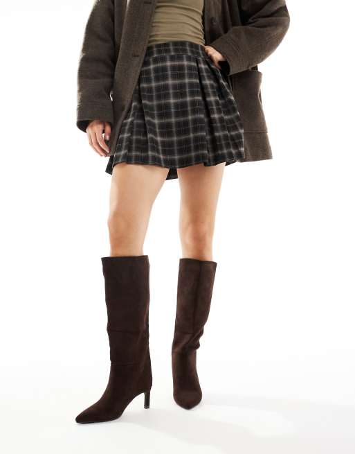 SEQWL Benz knee high kitten heel boots in chocolate