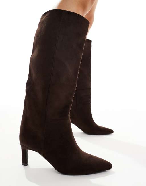 SEQWL Benz knee high kitten heel boots in chocolate