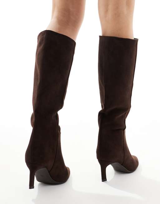 SEQWL Benz knee high kitten heel boots in chocolate