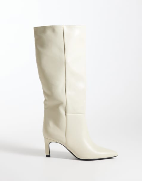SEQWL Benz knee high kitten heel boots in cream - view 1