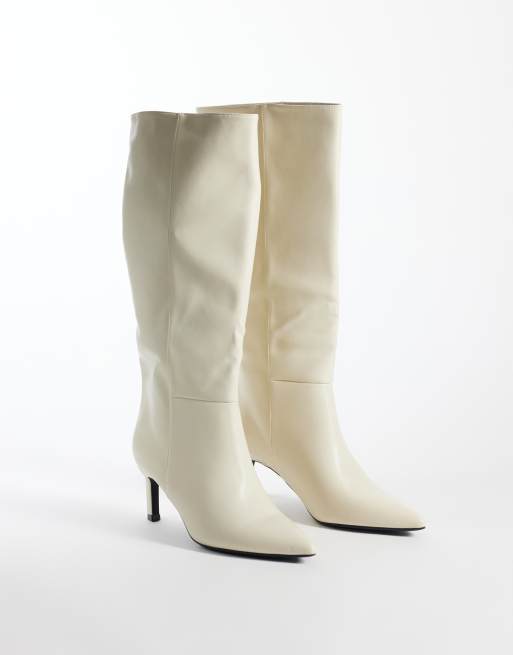 SEQWL Benz knee high kitten heel boots in cream, 4 of 4