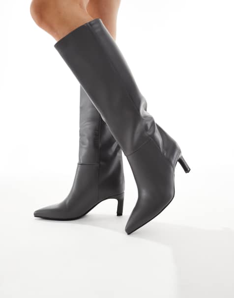 SEQWL Benz knee high kitten heel boots in grey PU - view 1