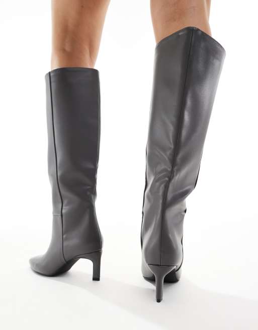 SEQWL Benz knee high kitten heel boots in grey PU