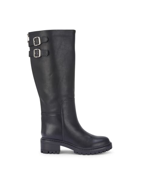 SEQWL Block heel casual calf boots with metal buckles in black - view 1