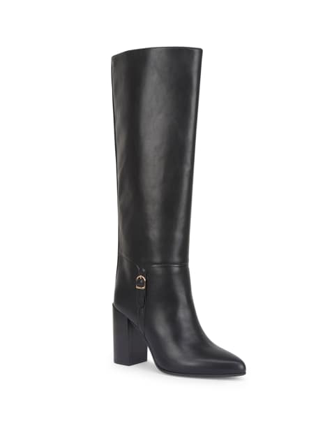 SEQWL Block heel knee high boots with pointed toe and buckle in black - view 1