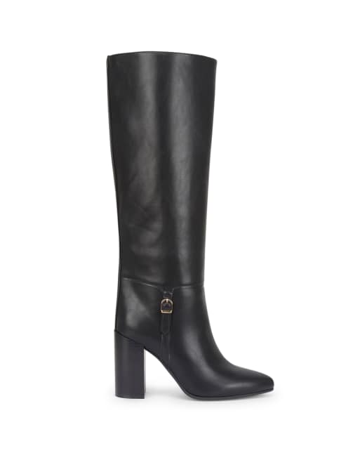SEQWL Block heel knee high boots with pointed toe and buckle in black, 3 of 5
