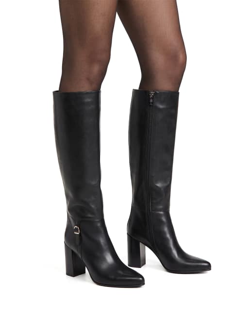 SEQWL Block heel knee high boots with pointed toe and buckle in black, 4 of 5