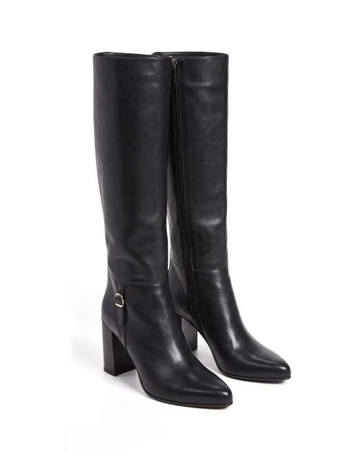 SEQWL Block heel knee high boots with pointed toe and buckle in black, 5 of 5