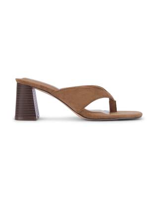  Block heel thong mules slip on strappy flip flop sandals in taupe