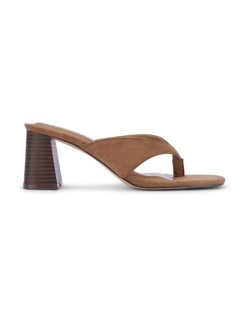 SEQWL Block heel thong mules slip on strappy flip flop sandals in taupe - view 1