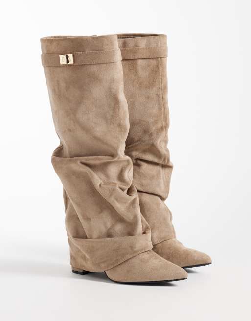 SEQWL - Botas altas hasta la rodilla de ante sintético plegables en topo, 2 de 4