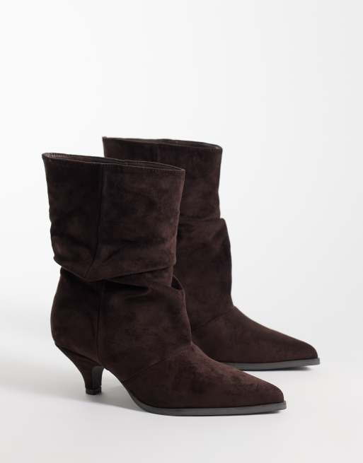 SEQWL - Botines tobillero holgados de ante sintético con tacón bajo en marrón chocolate, 4 de 4