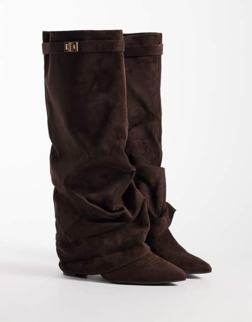 SEQWL bottes genou en daim synthétique à revers marron chocolat, 2 de 4