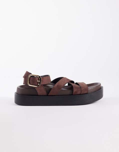 SEQWL - Brune flatform-sandaler i imiteret ruskind med stropper - view 1