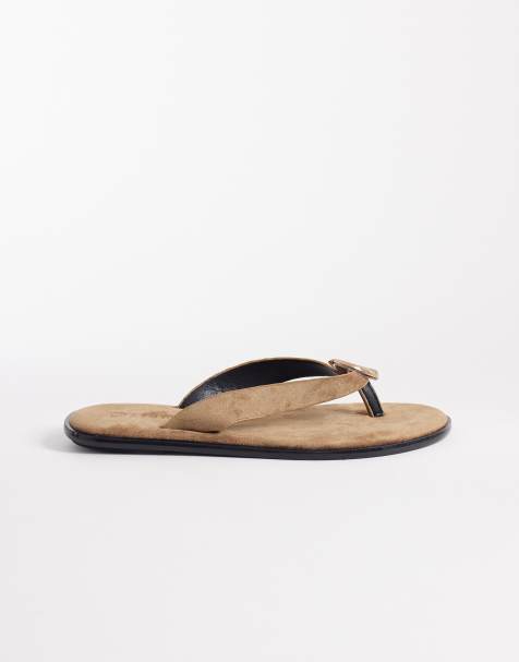 SEQWL – Brungrå flip flops i mockaimitation med guldfärgade detaljer - view 1