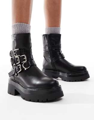 buckle biker ankle boots in black