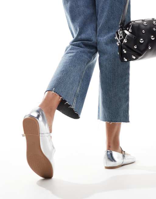 SEQWL buckle strap ballet flats in silver | ASOS