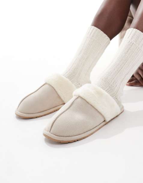 SEQWL - Chaussons style mules en fausse fourrure - Beige - view 1