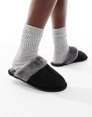 SEQWL - Chaussons style mules en fausse fourrure - Noir