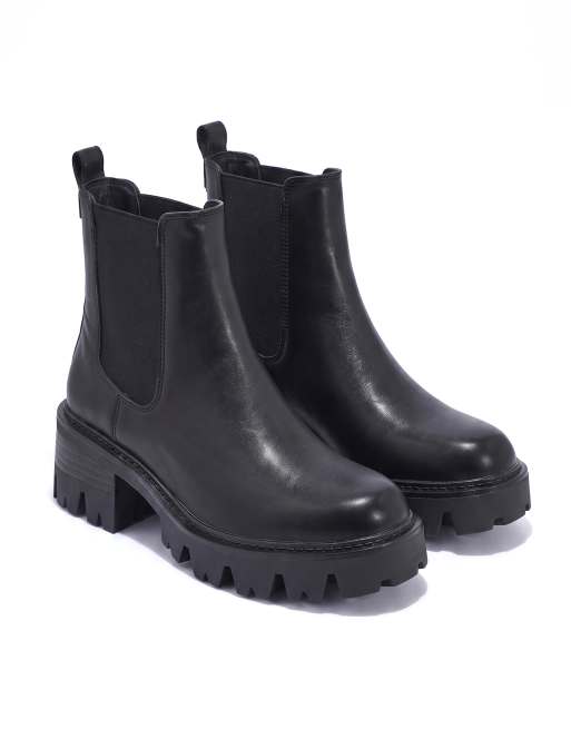 SEQWL Chelsea ankle boots with chunky block heel cleated sole in black, 4 of 5