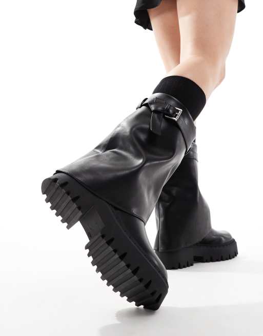 SEQWL chunky fold over boots in black