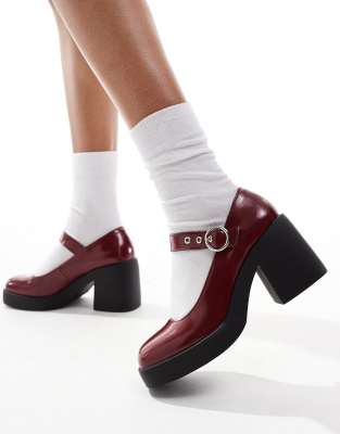 chunky mary jane heeled shoes in burgundy-Red