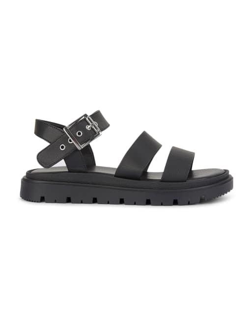 SEQWL Chunky sandals triple strap gladiator style with buckle in black, 3 of 5