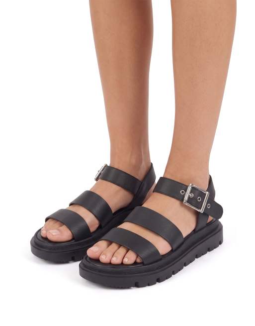 SEQWL Chunky sandals triple strap gladiator style with buckle in black, 4 of 5