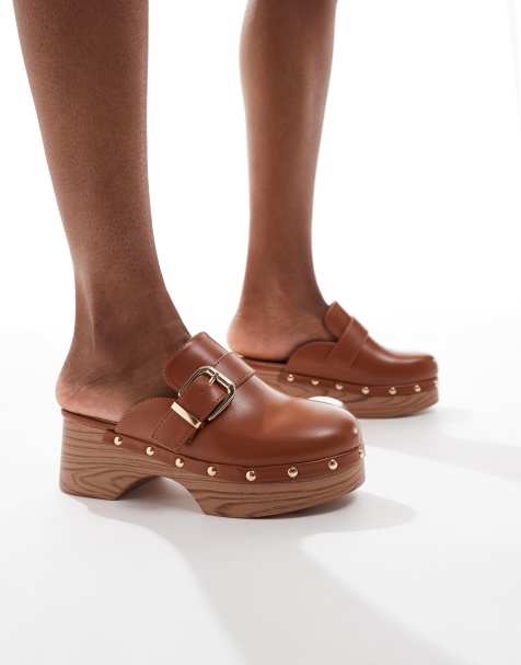 SEQWL clog mules with buckles in tan - view 1